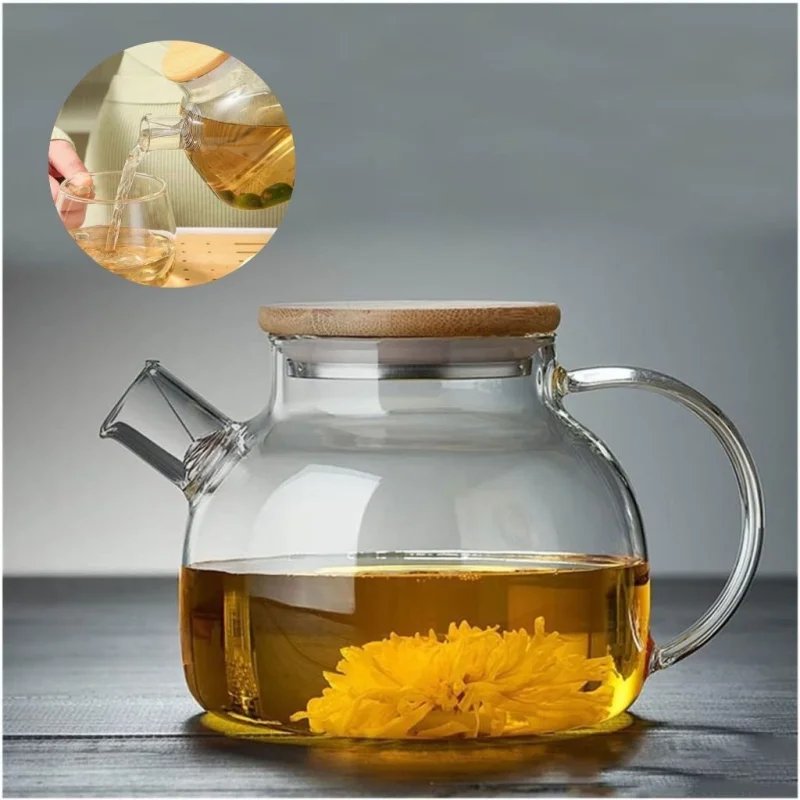 #2 Chaleira de Vidro com Tampa Bambu Premium Borossilicato 1L Bule Café Chá