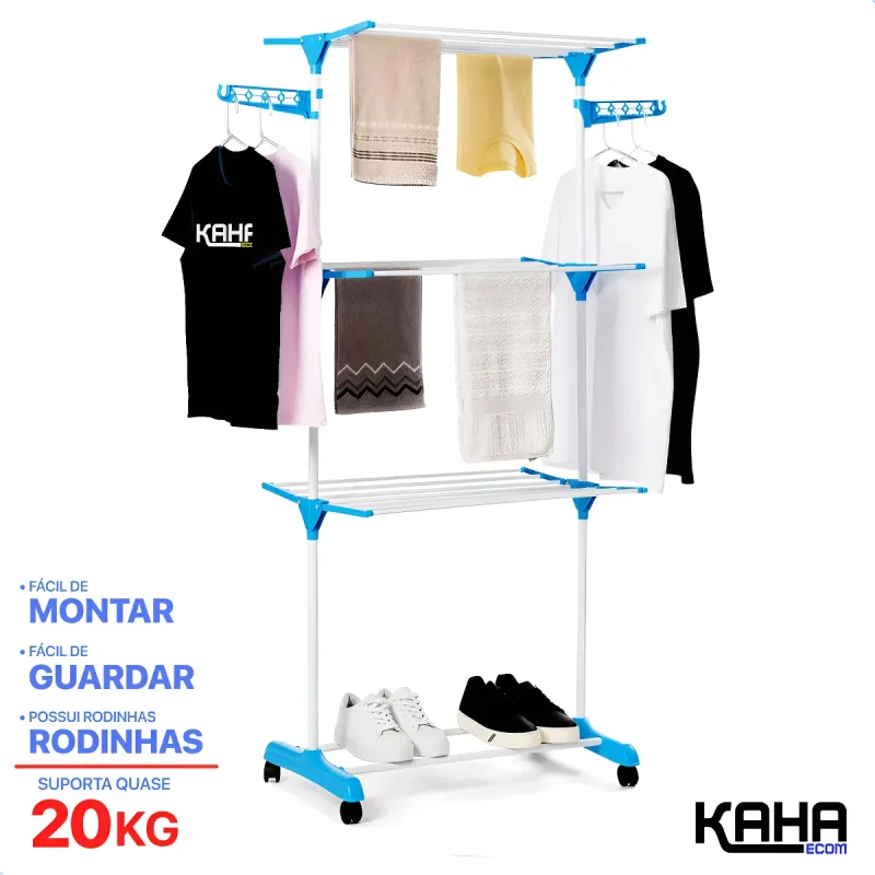 OFERTA Kaha Varal De Chão Grande De Roupas 3 Andares Dobrável Aço Seca Fácil Cor Branco Com Azul