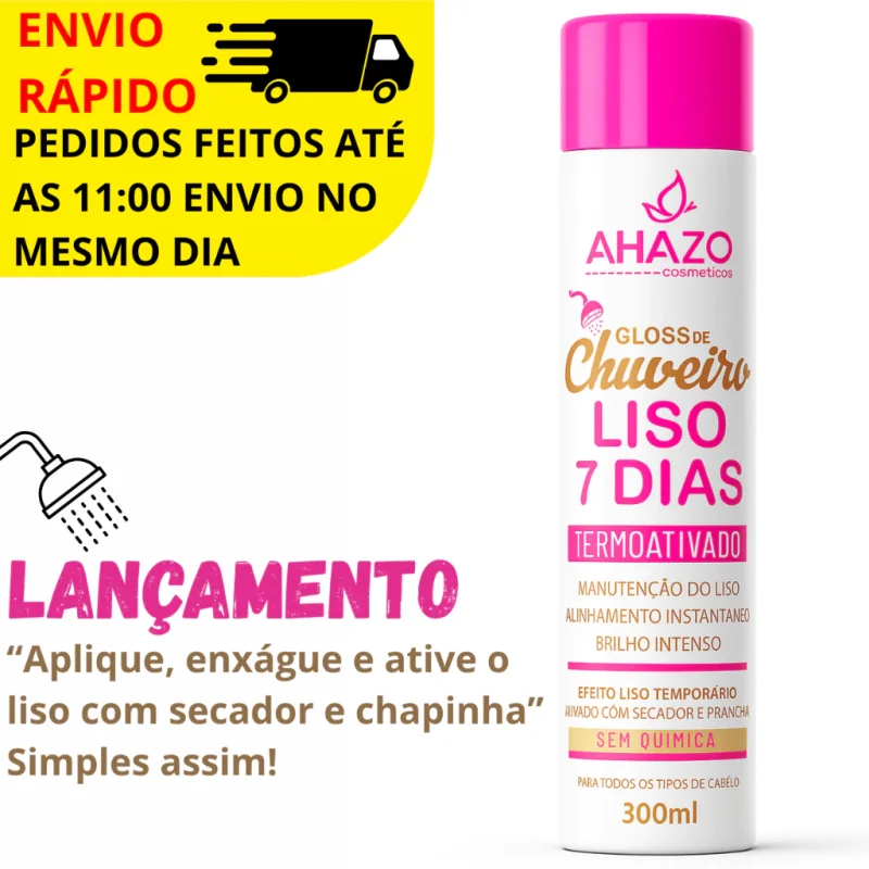 Gloss de Chuveiro 300ml Ahazo Cabelo liso perfeito em casa Hidratação e brilho Sem Química  5.0  24 Avaliações